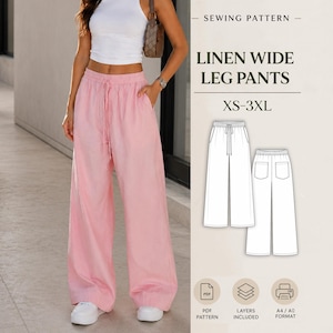 Könnte beinhalten: Ein Schnittmuster für eine weite Leinenhose in den Größen XS-3XL. Das Bild zeigt eine hellrosa, weit geschnittene Hose mit elastischem Bund und Kordelzug sowie eine technische Strichzeichnung der Vorder- und Rückseite der Hose.
