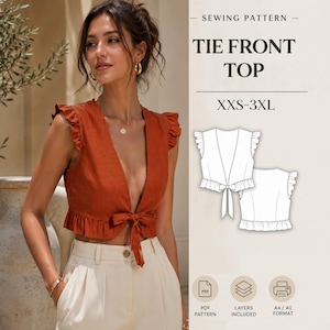 May include: A sewing pattern for a tie front top in sizes XXS-3XL. The image displays a rust-coloured sleeveless top with ruffled shoulders and a tie closure at the waist, alongside a technical line drawing showing front and back views.