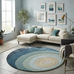 Tapete redondo de lã tufado à mão, tapete moderno abstrato com degradê, azul sálvia e creme marfim.