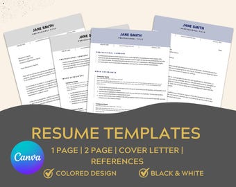 May include: A stack of resume templates with a light blue header and the name "Jane Smith". The image includes the text "Resume Templates", "1 Page | 2 Page | Cover Letter | References", and Canva logo. Options include colored and black & white designs.