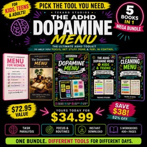 Puede incluir: Un paquete digital de cinco libros de trabajo para el TDAH titulado The ADHD Dopamine Menu, que incluye una guía visual de cambio de tareas, un menú de limpieza y herramientas para niños, adolescentes y adultos, con texto e iconos sobre fondo negro.