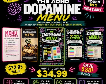 ADHD Dopamine Menu Mega Bundle | 5 ADHD Workbooks, 400+ Pages | Task Paralysis, Focus, Cleaning & Executive Function PDF