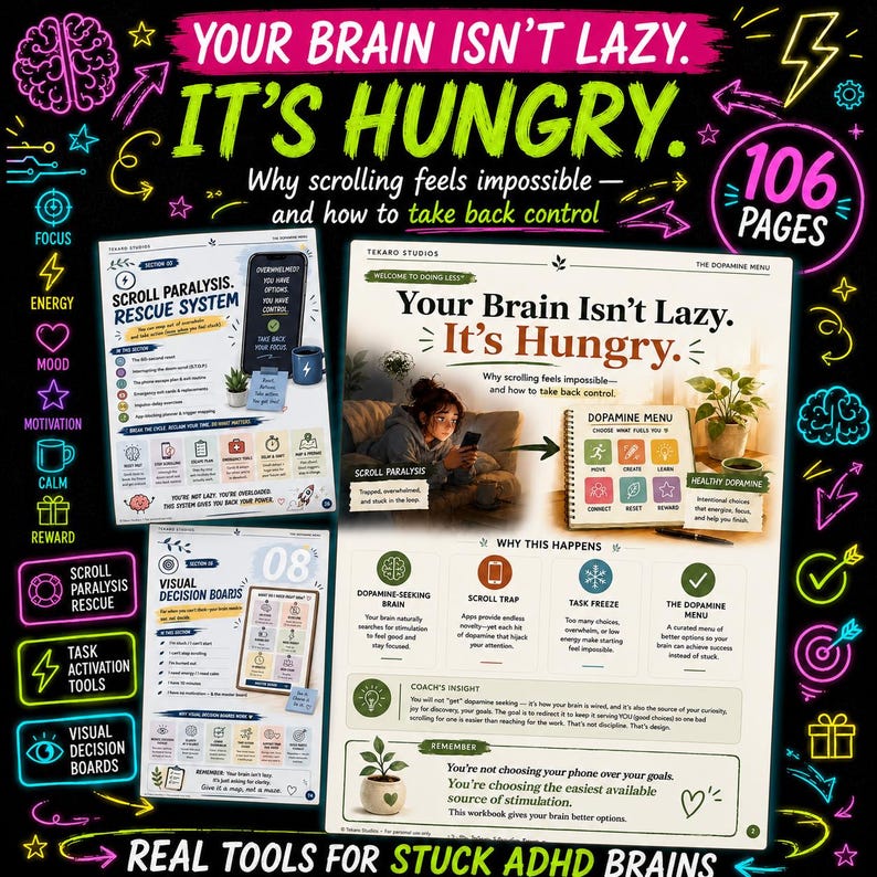 May include: A 106-page workbook titled Your Brain Isn't Lazy. It's Hungry. featuring neon-colored illustrations of brains, hearts, and lightning bolts. The pages display diagrams, text about scroll paralysis, dopamine menus, and visual decision boards.