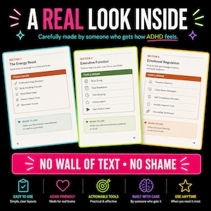 May include: Three informational cards with black backgrounds and neon accents. The text reads A REAL LOOK INSIDE, NO WALL OF TEXT NO SHAME, and lists sections for Energy Reset, Executive Function, and Emotional Regulation with icons and tools.