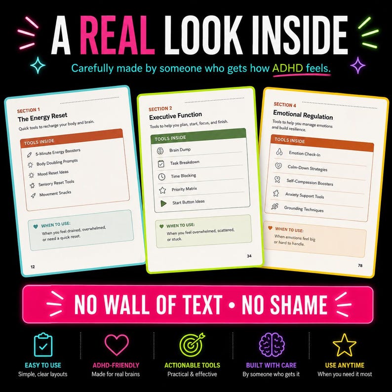 May include: Three informational cards with black backgrounds and neon accents. The text reads A REAL LOOK INSIDE, NO WALL OF TEXT NO SHAME, and lists sections for Energy Reset, Executive Function, and Emotional Regulation with icons and tools.