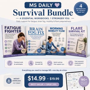 Op de afbeelding: Een digitaal pakket genaamd MS Daily Survival Bundle met vier werkboeken: Fatigue Fighter, Brain Fog Fix, Morning Mobility Flow en Flare Survival Kit. De set bevat hulpmiddelen, trackers en werkbladen voor het beheer van MS.