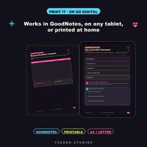 K&ouml;nnte beinhalten: Eine digitale Planervorlage mit einem Reverse-Schedule Template und einem Leave-By Calculator. Die dunkle Oberfl&auml;che enth&auml;lt rosa und gelben Text sowie Beschriftungen f&uuml;r GoodNotes, druckbar und A4 plus Letter-Formate von Tekaro Studios.