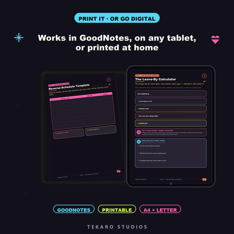 K&ouml;nnte beinhalten: Eine digitale Planervorlage mit einem Reverse-Schedule Template und einem Leave-By Calculator. Die dunkle Oberfl&auml;che enth&auml;lt rosa und gelben Text sowie Beschriftungen f&uuml;r GoodNotes, druckbar und A4 plus Letter-Formate von Tekaro Studios.