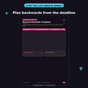 K&ouml;nnte beinhalten: Eine Reverse-Schedule-Vorlage auf dunklem Hintergrund mit rosa und gelbem Text. Die &Uuml;berschrift lautet STOP THE LAST-MINUTE SPRINT und Plan backwards from the deadline. Das Formular enth&auml;lt Spalten f&uuml;r Step, How Long, Start By sowie Zielfelder.
