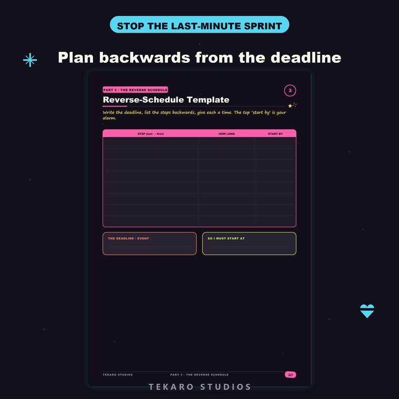 K&ouml;nnte beinhalten: Eine Reverse-Schedule-Vorlage auf dunklem Hintergrund mit rosa und gelbem Text. Die &Uuml;berschrift lautet STOP THE LAST-MINUTE SPRINT und Plan backwards from the deadline. Das Formular enth&auml;lt Spalten f&uuml;r Step, How Long, Start By sowie Zielfelder.