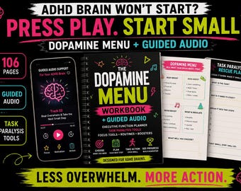 ADHD Dopamine Menu Workbook + Guided Audio | Executive Function Planner | Task Paralysis & Focus Tools | 106-Page PDF
