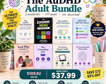 AuDHD Adult Bundle 8 Workbooks 577 Pages | Autism and ADHD Workbook | Masking, Sensory, Burnout, Dopamine and Executive Function