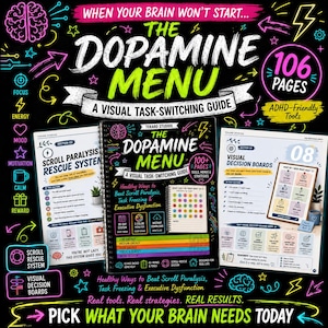 Cuaderno de trabajo sobre el menú de dopamina para el TDAH en adultos, planificador de funciones ejecutivas, herramientas para superar la parálisis de tareas y mejorar la concentración, PDF imprimible sobre el TDAH