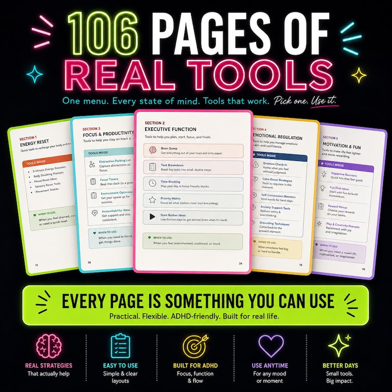 May include: A digital guide titled 106 PAGES OF REAL TOOLS featuring five colorful page previews categorized by sections like Energy Reset, Focus & Productivity, Executive Function, Emotional Regulation, and Motivation & Fun with text.