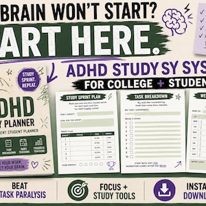 Könnte beinhalten: Ein spiralgebundener ADHD-Lernplaner mit cremefarbenem Einband, verziert mit grünem und violettem Text sowie Symbolen. Enthalten sind drei gedruckte Planungsblätter: ein Lern-Sprint-Plan, eine Aufgabenaufschlüsselung und ein wöchentlicher Lernplan.