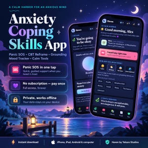 May include: Two smartphones display the Haven anxiety coping skills app interface with dark mode themes, featuring mood tracking, breathing exercises, and SOS tools against a digital harbor background with text: Anxiety Coping Skills App.