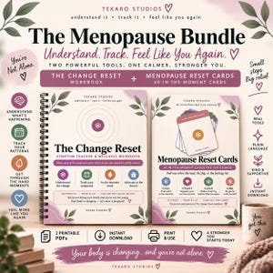 May include: The Menopause Bundle includes The Change Reset spiral-bound symptom tracker and wellness workbook alongside a deck of 40 Menopause Reset Cards. Both items feature purple and cream branding with leaf illustrations and instructional text.