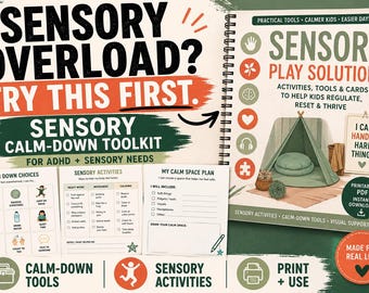 Puede incluir: Un libro de espiral titulado Sensory Play Solutions con una ilustración de una tienda de campaña verde, acompañado de tres hojas de actividades imprimibles con listas de verificación e iconos para la regulación sensorial y la calma.
