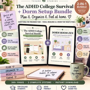 May include: A digital ADHD college survival and dorm setup bundle featuring two tablets displaying planning guides, a stack of four pastel notebooks labeled Plan, Organize, Reset, Thrive, a spiral notebook with text, and a green mug with text.