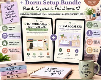 ADHD College Survival + Dorm Setup Bundle | Freshman Year Planner & Dorm Organization | 200+ Pages | Printable + GoodNotes