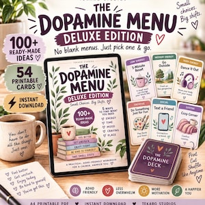 May include: The Dopamine Menu Deluxe Edition workbook displayed on a tablet, accompanied by 54 printable cards, a mug with text, and a notepad. The materials feature illustrations of plants, hearts, and text including 100+ ready-made ideas.