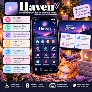 Puede incluir: Una interfaz de aplicación digital llamada Haven mostrada en un teléfono inteligente y una tableta, con herramientas de bienestar mental como Panic SOS, ejercicios de respiración y herramientas TCC. Una figura de gato naranja está junto a libros.