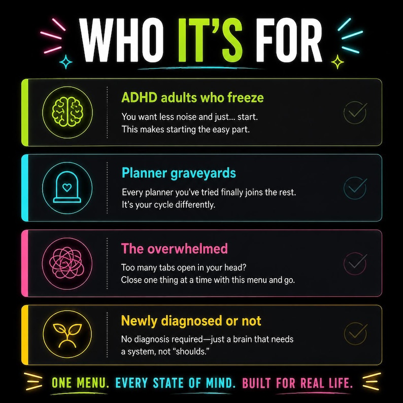 May include: A black infographic titled WHO IT'S FOR with four neon-colored sections. Each section features a circular icon, a bold heading, and descriptive text for ADHD adults, planner users, the overwhelmed, and those seeking a system.