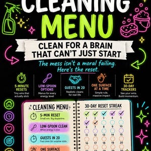 May include: A digital cleaning guide titled The ADHD Dopamine Cleaning Menu with neon-style graphics on a black background. It features 55+ printable pages, a 30-day reset streak tracker, and sections for 5-minute resets, low-spoon options, and cleaning tips.