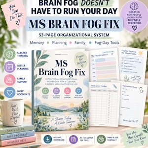 Op de afbeelding: Een 53-pagina tellend organisatiesysteem genaamd MS Brain Fog Fix, bestaande uit een werkboek met een landschapsillustratie op de kaft, samen met geprinte pagina's voor medicatiebeheer, afspraakvoorbereiding en dagplanning, plus een mok.