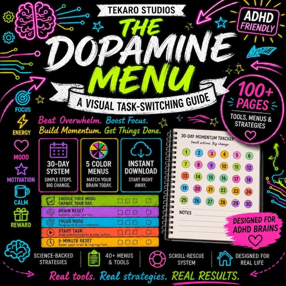 ADHD Dopamine Menu Workbook | Executive Function Planner for Task Paralysis, Focus & Scroll Paralysis | Printable ADHD Digital Download