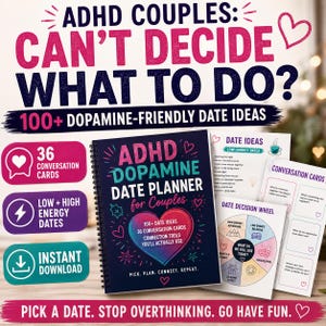 May include: A spiral-bound ADHD Dopamine Date Planner for couples with a dark blue cover featuring a large heart, stars, and text. Included are sheets showing date ideas, a date decision wheel, and conversation cards with prompts for couples.