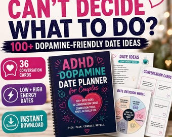 Könnte beinhalten: Ein spiralgebundener ADHD Dopamine Date Planner für Paare mit dunkelblauem Einband, verziert mit einem großen Herz, Sternen und Text. Enthalten sind Blätter mit Date-Ideen, einem Entscheidungsrad für Dates und Gesprächskarten für Paare.