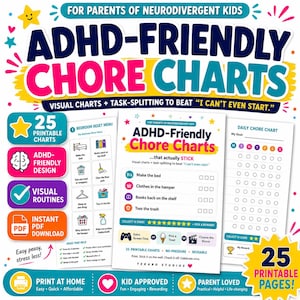 May include: A set of 25 printable ADHD-friendly chore charts featuring visual task lists, daily trackers, and reward systems. The documents include text such as ADHD-Friendly Chore Charts, Bedroom Reset Menu, and Daily Chore Chart with colorful icons.