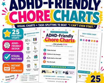 ADHD Chore Chart for Kids | 25 Printable Visual Charts, Routines & Reward Charts | Task-Splitting for Neurodivergent Kids | PDF Download