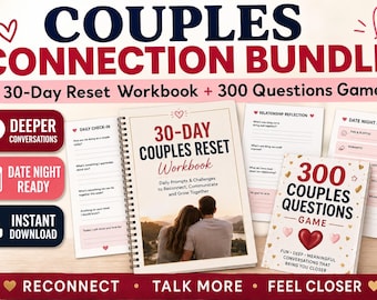 Couples Connection Bundle | 30-Day Reset Workbook + 300 Questions Game | Date Night Conversation Cards | Relationship Workbook PDF