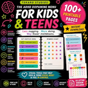 May include: A digital ADHD dopamine menu set for kids and teens featuring 100+ printable pages. Includes a get-unstuck menu, reward charts, calm down ideas, and feelings check-in sheets with colorful icons and text on a black background.