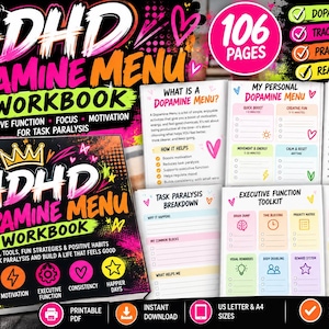 ADHDドーパミンメニューワークブック｜タスク麻痺、集中力、モチベーションのための106ページ実行機能プランナー｜印刷可能なADHD成人向けPDF