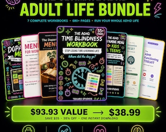 ADHD Adult Life Bundle | 7 Workbooks 680+ Pages | Dopamine Menu, Dashboard, Morning Reset, Time Blindness, Budget & More | Printable PDF