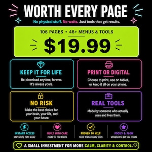 May include: A digital product advertisement on a black background with neon-colored text and icons. It features the text WORTH EVERY PAGE, 106 PAGES, 46+ MENUS & TOOLS, $19.99, KEEP IT FOR LIFE, PRINT OR DIGITAL, NO RISK, REAL TOOLS, and INSTANT ACCESS.