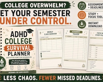ADHD College Planner for Students | Executive Function Workbook | Study Planner, Assignment & Deadline Tracker | 116-Page PDF