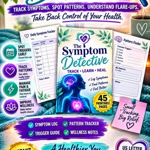 Puede incluir: El conjunto de seguimiento de salud digital The Symptom Detective incluye una portada con una silueta humana, un rastreador diario de s&iacute;ntomas y una p&aacute;gina de b&uacute;squeda de patrones. Contiene 45 p&aacute;ginas imprimibles en tama&ntilde;os A4 y US Letter.