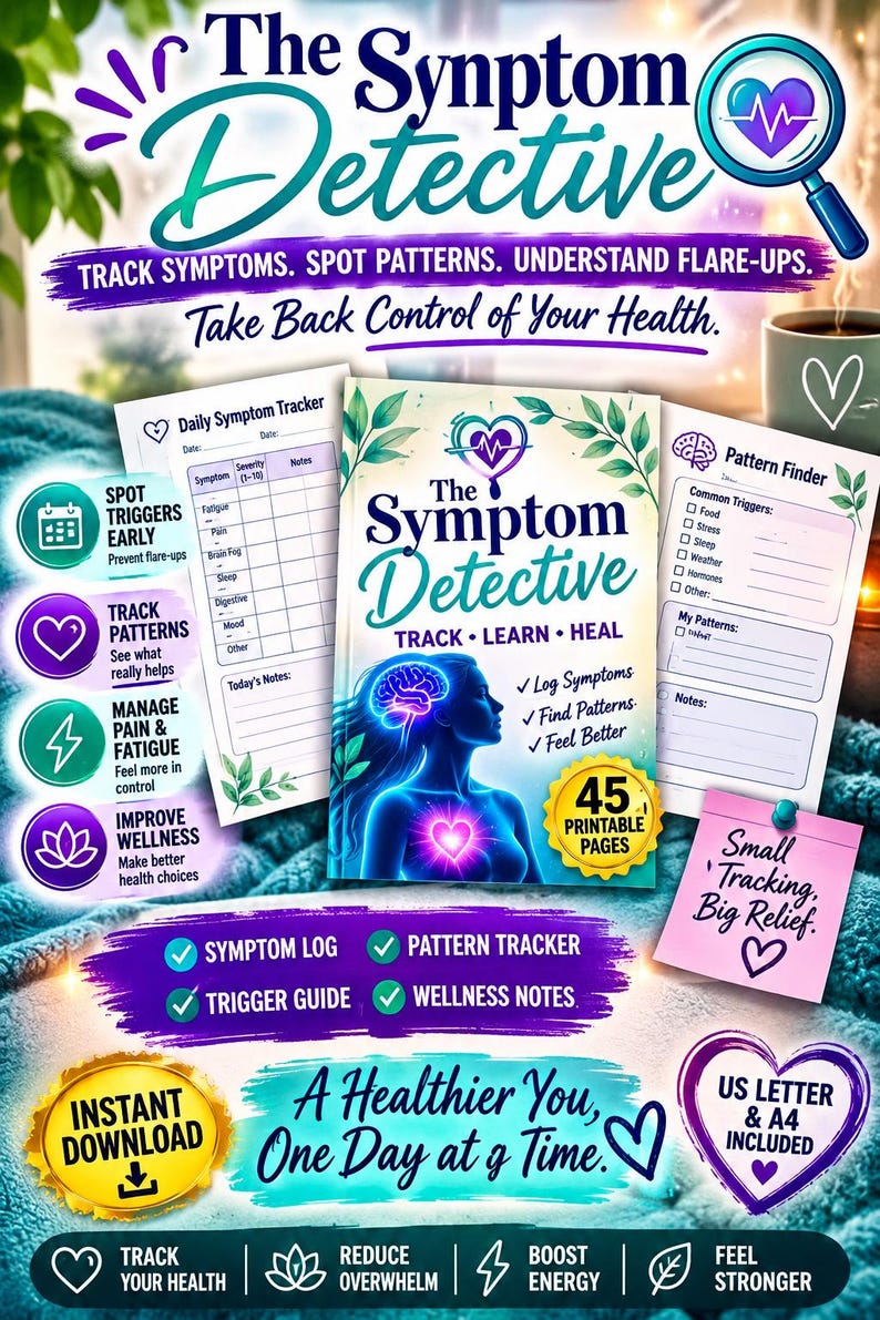 Puede incluir: El conjunto de seguimiento de salud digital The Symptom Detective incluye una portada con una silueta humana, un rastreador diario de s&iacute;ntomas y una p&aacute;gina de b&uacute;squeda de patrones. Contiene 45 p&aacute;ginas imprimibles en tama&ntilde;os A4 y US Letter.