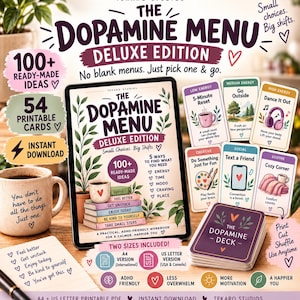 May include: A digital tablet displaying The Dopamine Menu Deluxe Edition workbook, surrounded by printed cards, a mug with text, and a notepad. The screen shows a stack of books, plant illustrations, and text including 100+ ready-made ideas.