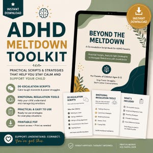 Puede incluir: Un recurso digital ADHD Meltdown Toolkit que incluye una tableta con el título Beyond the Meltdown, A De-escalation Script Book for ADHD Parents, junto con tarjetas impresas que detallan guiones de desescalada, herramientas de regulación emocional y una lista de materiales incluidos para padres de niños de 5 a 12 años.