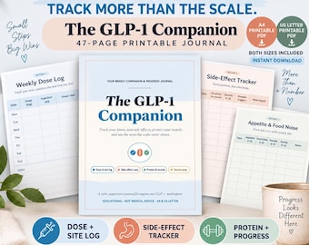 GLP-1 Weight Loss Tracker | Semaglutide Tirzepatide Journal | Ozempic Wegovy Mounjaro Dose & Side Effect Log | Food Noise | Printable PDF