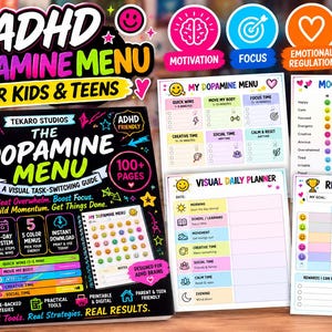 Könnte beinhalten: Ein spiralgebundener ADHD Dopamine Menu Leitfaden für Kinder und Jugendliche mit schwarzem Einband, bunten Texten und Symbolen. Das Set enthält einen visuellen Tagesplaner, einen Stimmungstracker und eine Belohnungstabelle mit hellen Grafiken.