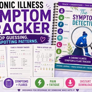 Puede incluir: Un diario de seguimiento de s&iacute;ntomas de enfermedades cr&oacute;nicas con encuadernaci&oacute;n en espiral titulado The Symptom Detective, con una ilustraci&oacute;n de lupa, junto con hojas sueltas para el seguimiento diario, disparadores y registros de dolor.