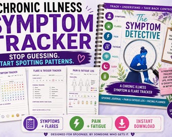 Puede incluir: Un diario de seguimiento de síntomas de enfermedades crónicas con encuadernación en espiral titulado The Symptom Detective, con una ilustración de lupa, junto con hojas sueltas para el seguimiento diario, disparadores y registros de dolor.