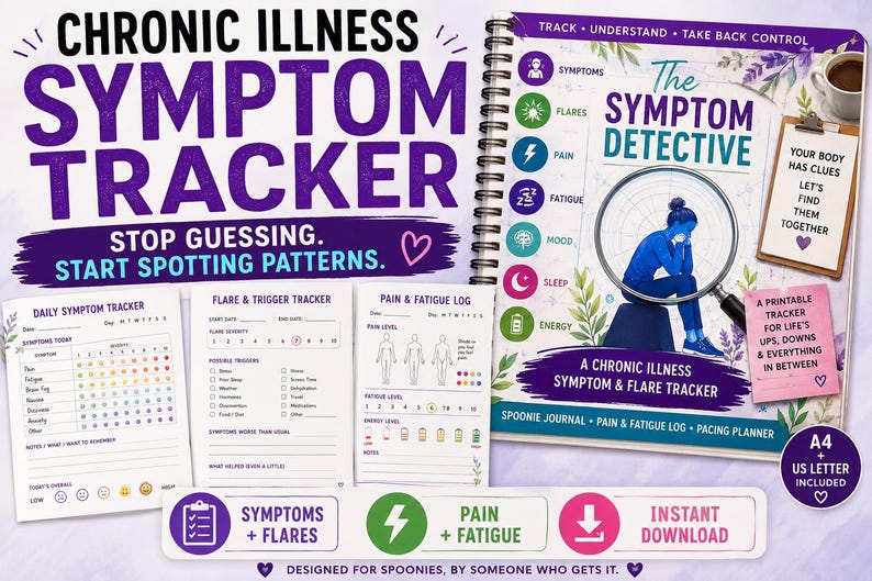 Puede incluir: Un diario de seguimiento de s&iacute;ntomas de enfermedades cr&oacute;nicas con encuadernaci&oacute;n en espiral titulado The Symptom Detective, con una ilustraci&oacute;n de lupa, junto con hojas sueltas para el seguimiento diario, disparadores y registros de dolor.