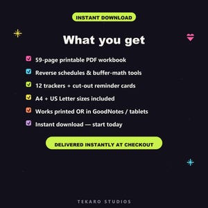 K&ouml;nnte beinhalten: Eine digitale Produktinformationsgrafik auf dunklem Hintergrund mit dem Text: What you get, 59-page printable PDF workbook, Reverse schedules & buffer-math tools, 12 trackers + cut-out reminder cards, A4 + US Letter sizes, works printed or in GoodNotes.